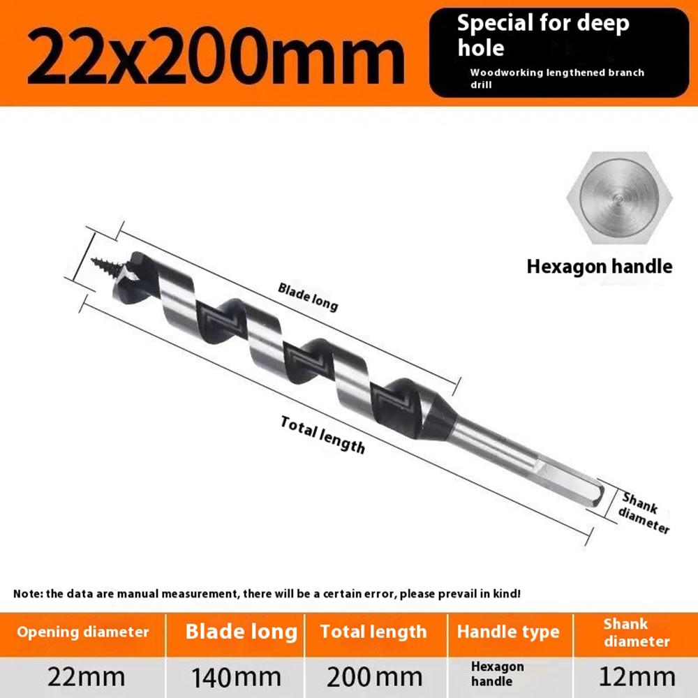 22 x 200mm Deep Hole Extended Auger Drill Bit Woodworking Hex Shank Bit for Electric Drill/Bench Drill
