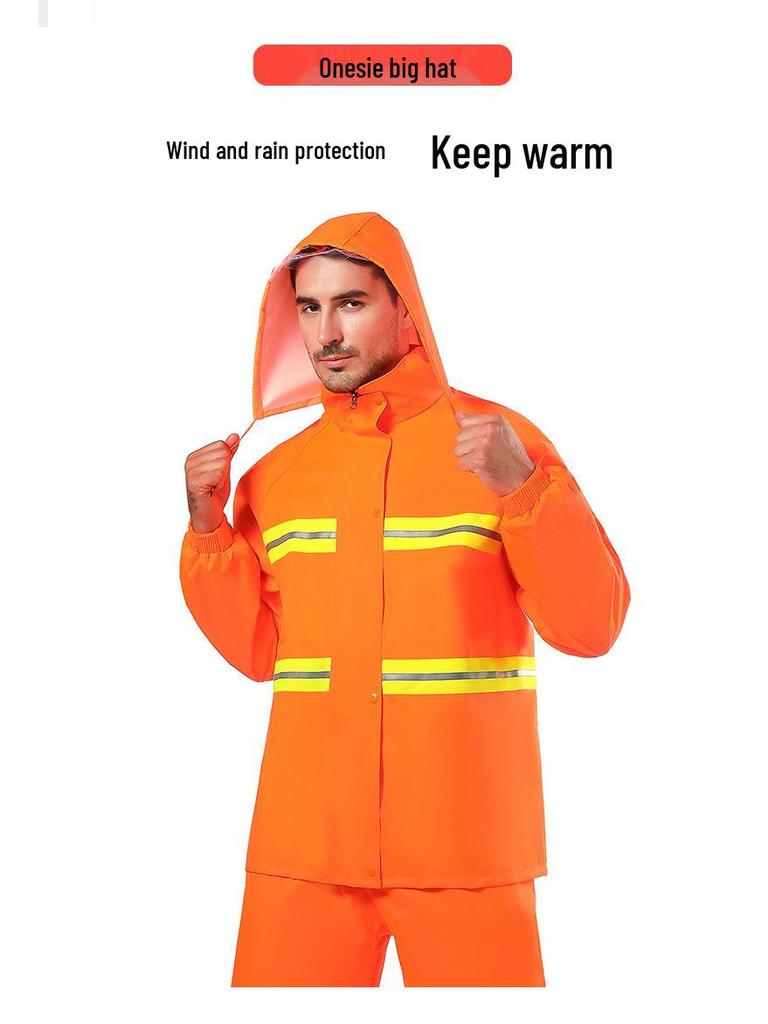 Men's Orange Raincoat & Pants Set with Reflective Strips for Construction and Cleaning