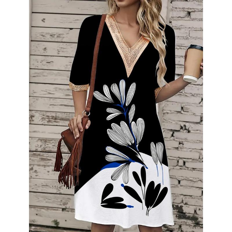 Damen Frühling/Sommer Printkleid Spitze V-Ausschnitt Loose Swing Kurzarm Mittellanges Kleid