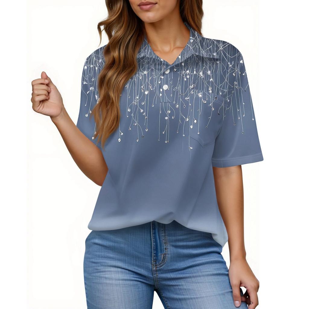 Damenmode Lässig Knopf Tasche Hemd Kurze Ärmel Druck Revers Oberteil