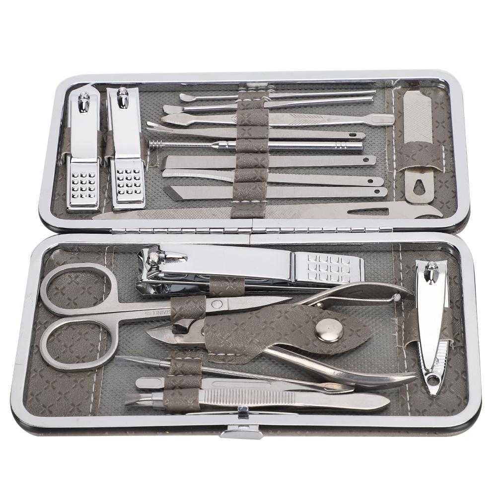 

19pcs Stainless Steel Manicure Nail File Nail Clipper Ear Pick Eyebrow Scissors Grooming KitGray Black