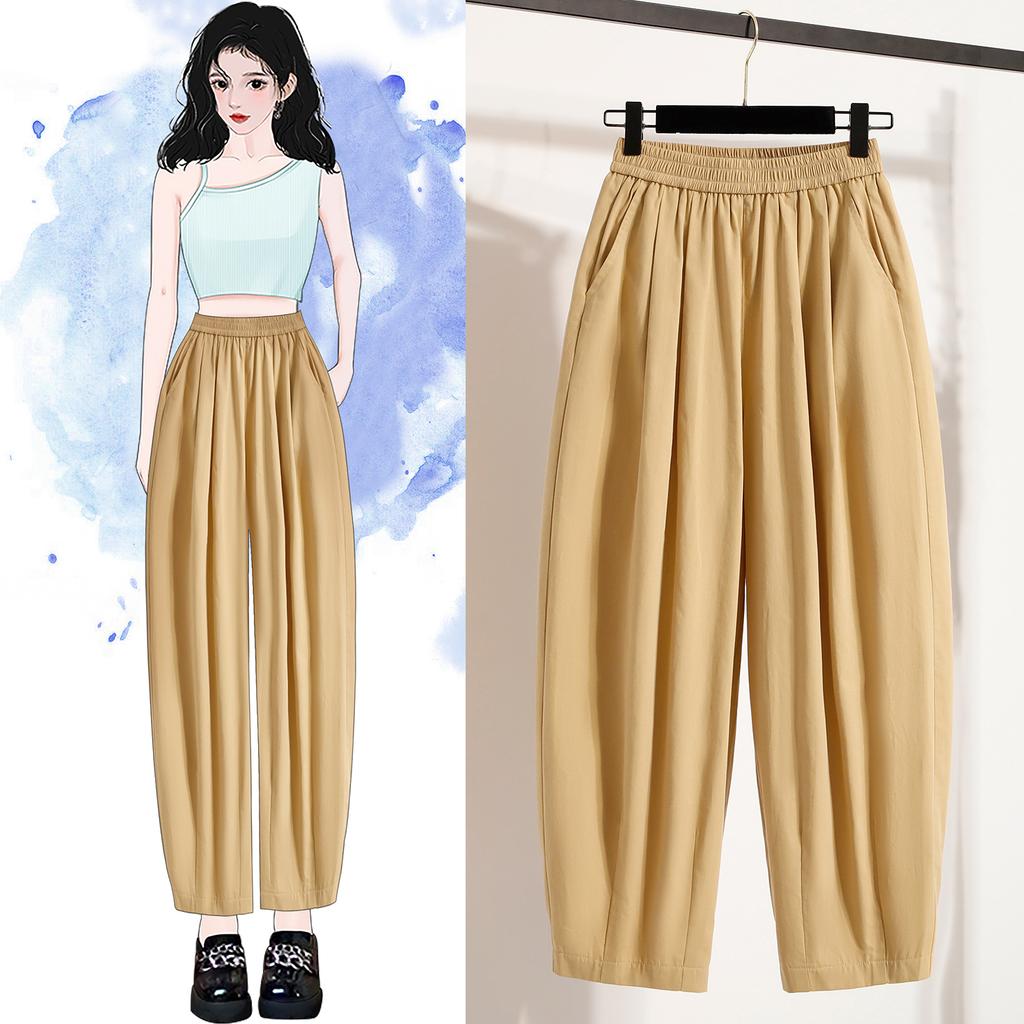 DIMANAF 2025 Summer Plus Size Long Pants Women Elastic Casual Harem Pants High Waist Pleated Loose Basic Wide Leg Pants