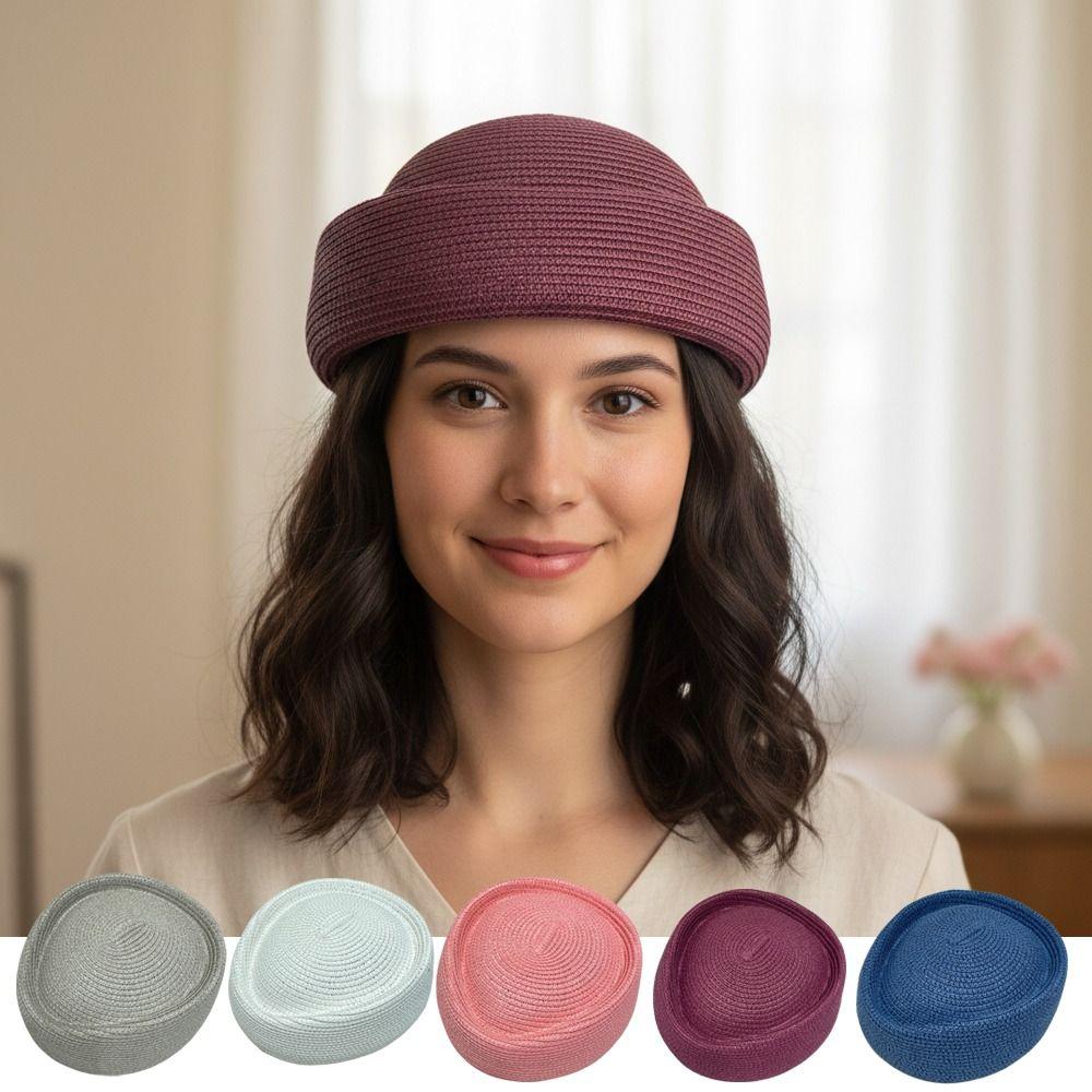 Solid Color Straw Weaving Hat Casual Beanie Cap Elegant Beret Hat