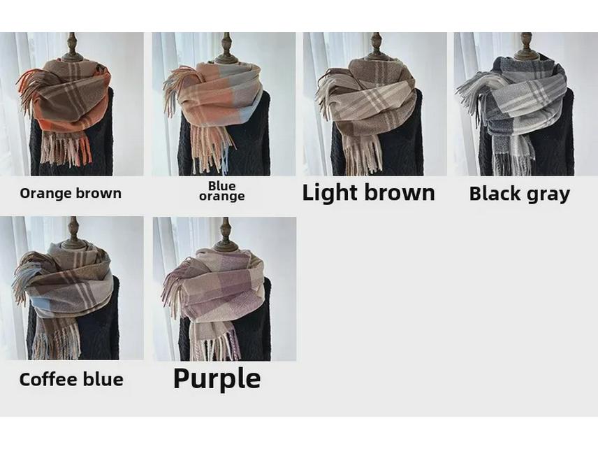 2024 Women's Winter Plaid Tassel Shawl - Korean-Style Thick Warm Imitation Cashmere Scarf for Students and Couples