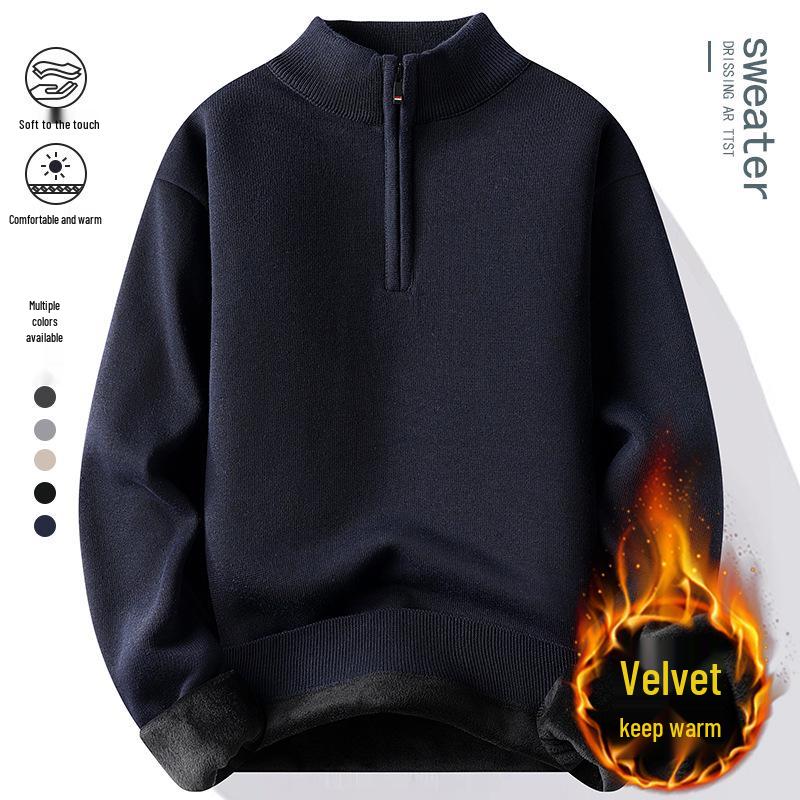 Men s Fleece-Lined Half-Zip Stand Collar Sweater: Versatile Autumn/Winter Knitwear XXXXL