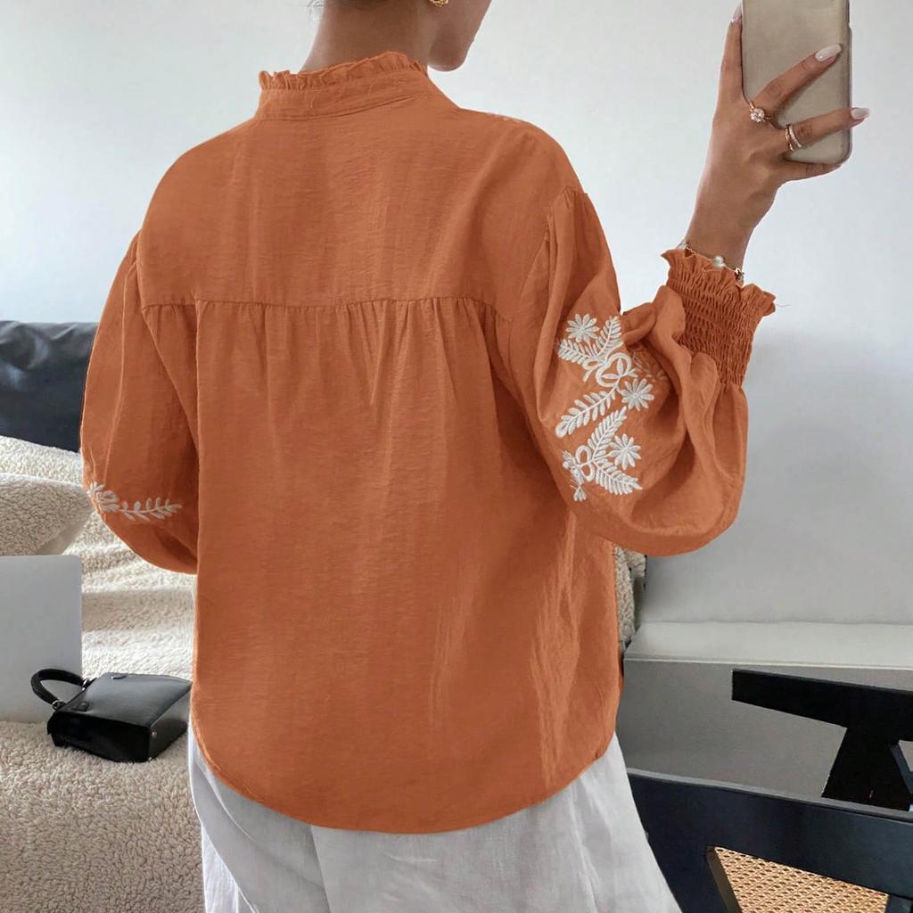 Women's Fashionable V-neck Solid Color Embroidered Single Breasted Long Sleeved Shirt Top