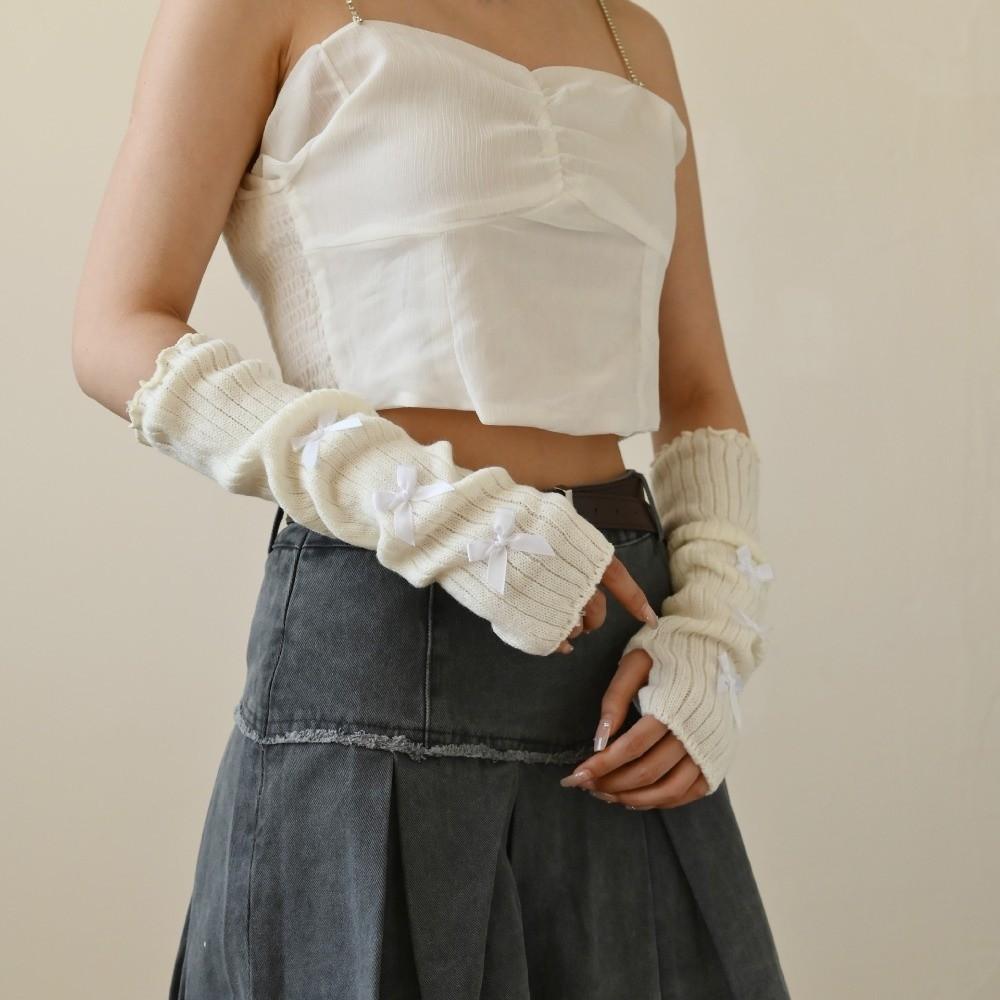 Bow Star Long Wrist Gloves Knitted Fingerless Gloves Trendy Warm Arm Sleeve  JK Accessories