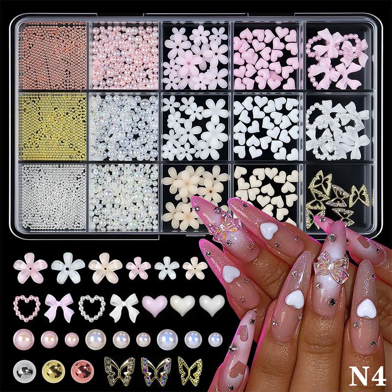 12/15 Grids/Box 3D Nail Art Decoration Kit With Resin Bowknot Pearls Heart & Assorted Shapes Kawaii Nail Charms DIY Manicure Art