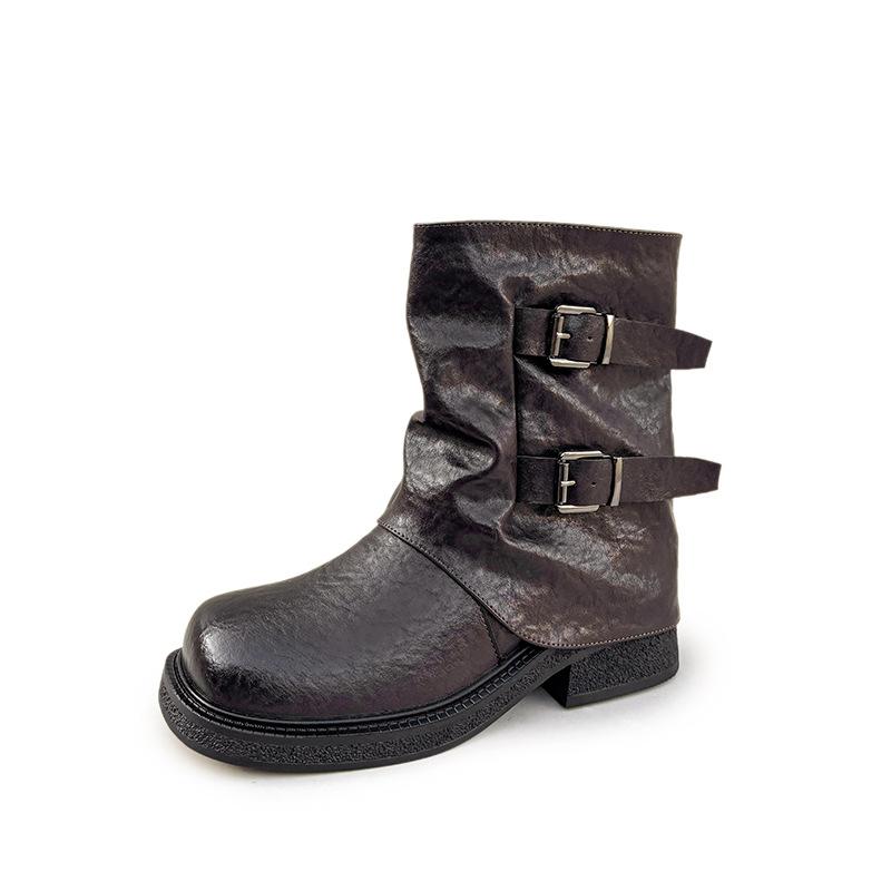 

Женские ботинки Мартин на толстой подошве 2025 осень-зима новые модные ботильоны с пряжкой-ремнем, квадратный круглый носок, плиссированные ботинки-рыцари средней высоты 40 коричневый