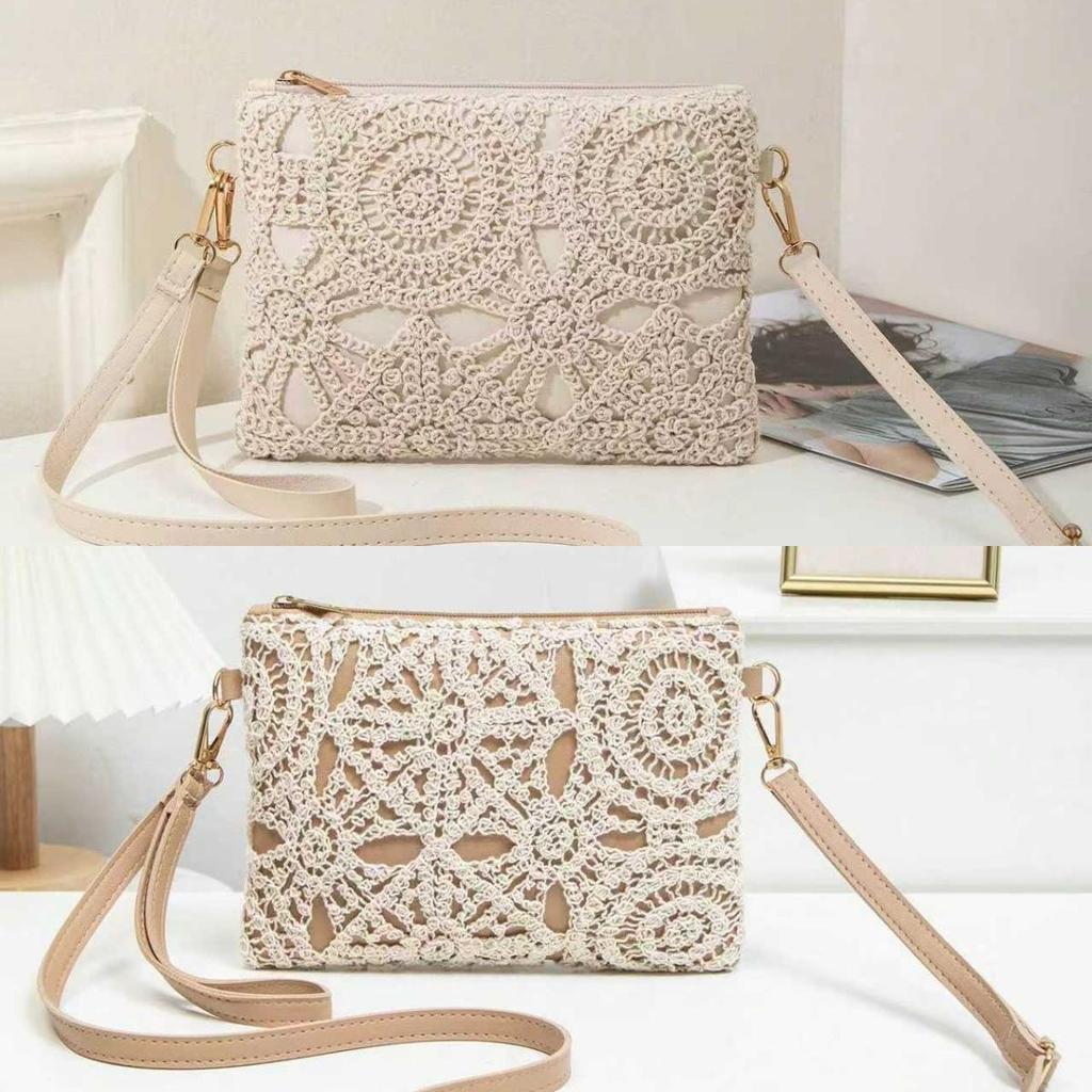 Bolsa de Crochê de Palha Estilo Coreano - Bolsa de Praia Floral Retrô para Mulheres