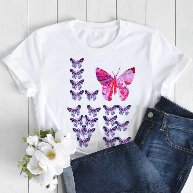 Butterfly Love Heart Print T Shirt Women Fashion Black T Shirt Female Short Sleeve Cute Graphic Tee Shirts Ladies Summer Tops