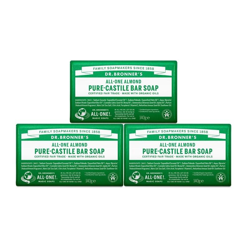 Dr. Bronner's Almond Pure Castile Bar Soap, 140g, 3 pcs