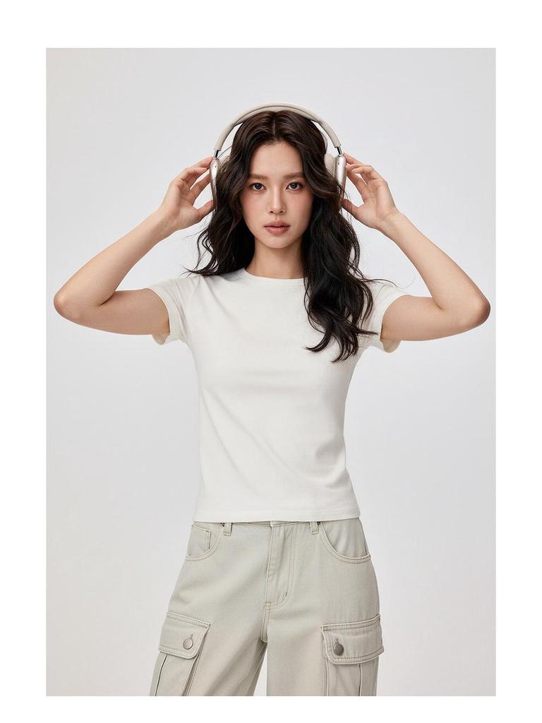 Spicy Girl Women's Slim-Fit Short-Sleeved Round Neck T-Shirt for Petite, Solid Color, Versatile