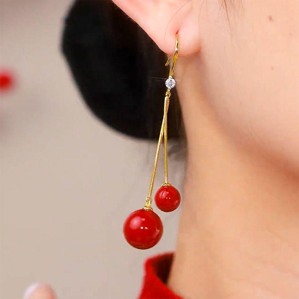 2024 Festive Red Pearl Face-Slimming Long Earrings - Chic, Trendy Niche Design