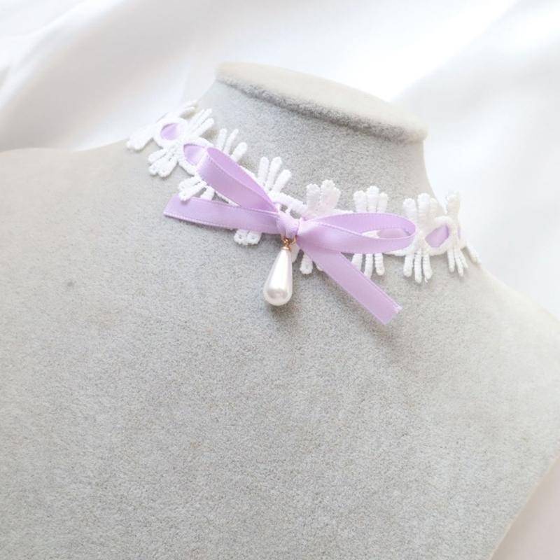 Elegant Lace Collar Necklace Maid Neck Collar Bowknot Lace Choker Necklace Chain Choker Suitable for Cosplay and Parties