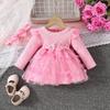 Infant Girls' Butterfly Mesh Dress with Headband and Long Sleeve Ribbed Jumpsuit