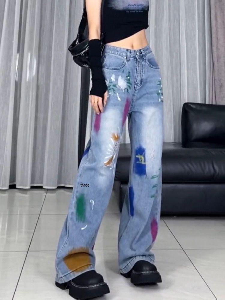 

Корейские летние джинсы с широкими штанинами и рваным денимом с граффити Дондэмун 2025 для женщин XXL синий