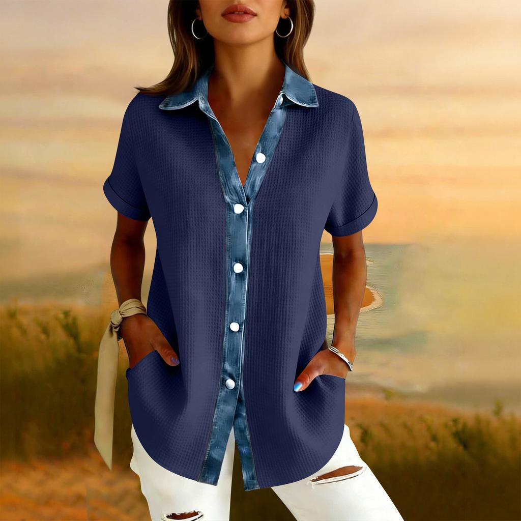 Womens Fashion Color Lapel Short Sleeved Denim Patchwork Button Up Shirt Loose Top