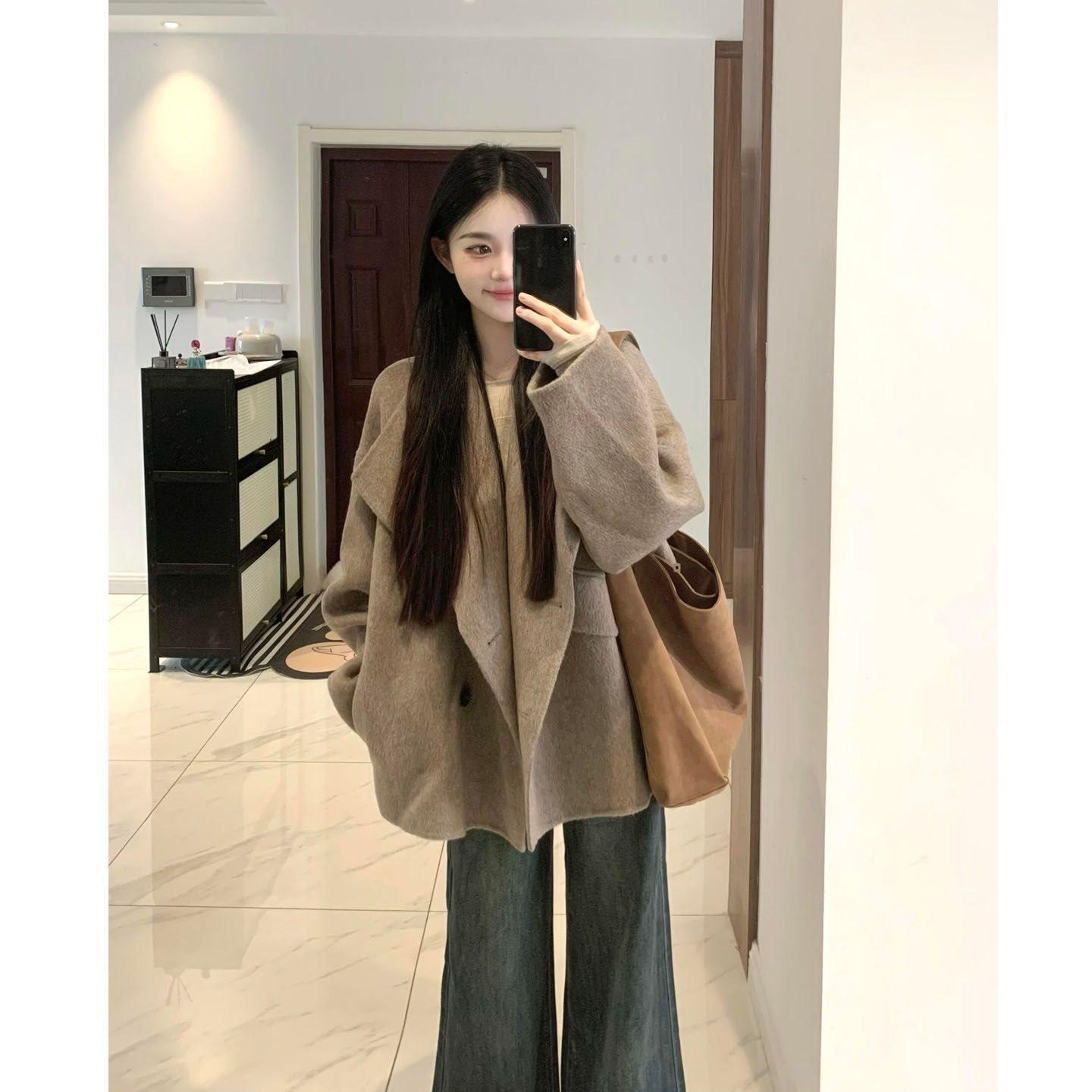 Korean Style Women s Woolen Coat, 2025 Spring/Summer New Petite & Loose Fit Outerwear M 110-125