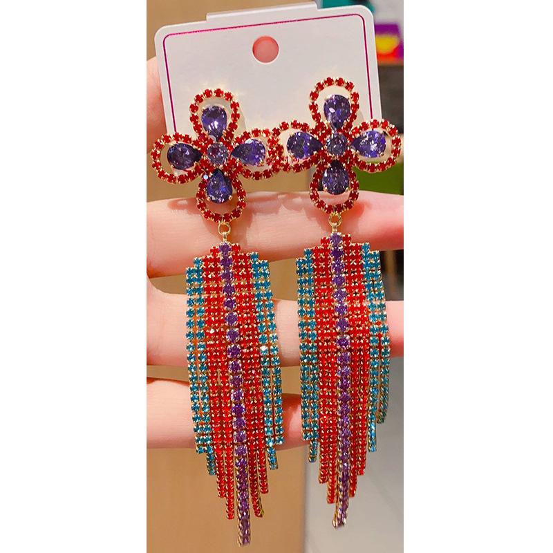 S925 Sterling Silver Rhinestone Tassel Flower Stud Earrings – Elegant and Colorful Accessories for Women