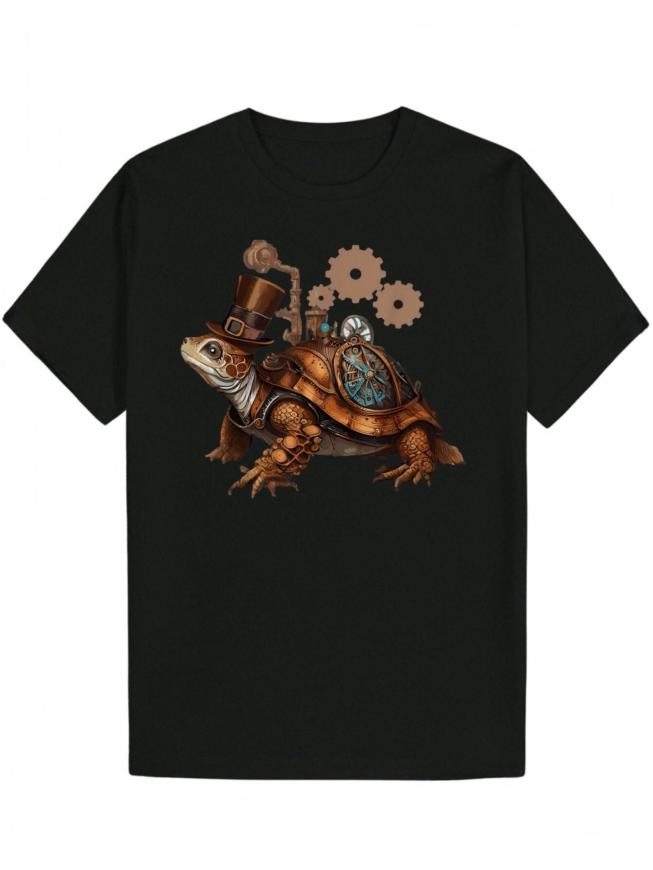 Steampunk Turtle Graphic T-shirt - Black Casual Summer Tee with Gears & Pipes Design XXXL