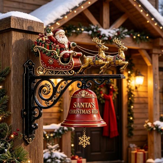 Festive Courtyard Balcony Accents Christmas Bell Wall Hanging Decoration, Santa Sleigh Reindeer Ornament, Large Decorative Indoor Mounted Ornaments