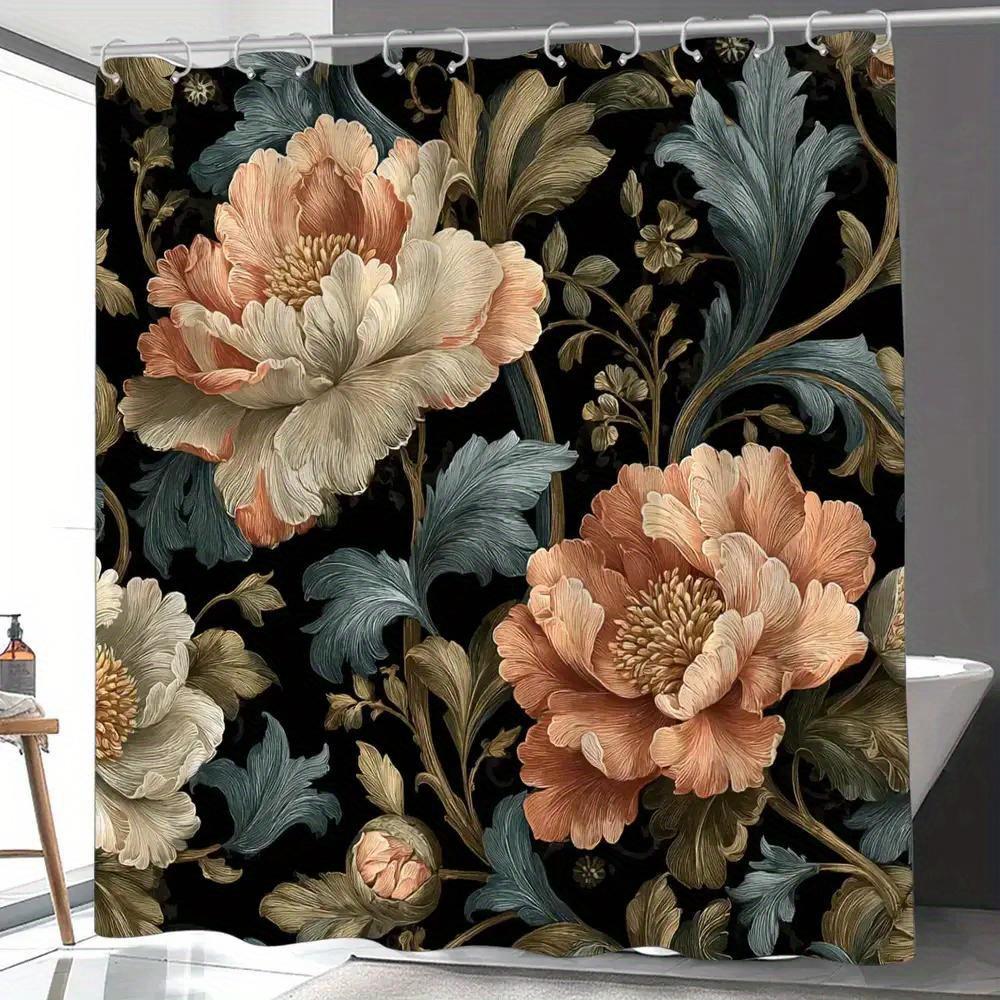 

Victorian Floral Shower Curtain – Black Background With Pink Peonies & Gold Vine, 12 Hooks, 70.87×70.87 Waterproof Bath Decor W60H190(CM)-1 Pcs