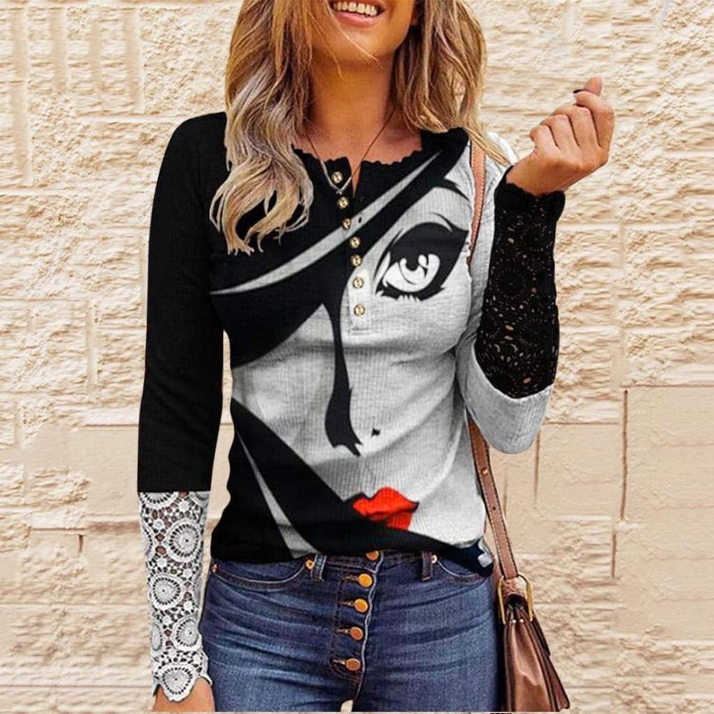 Slim Knit Fall New Women'S  Lace Long Sleeve V-Neck Printed Women'S T-Shirt