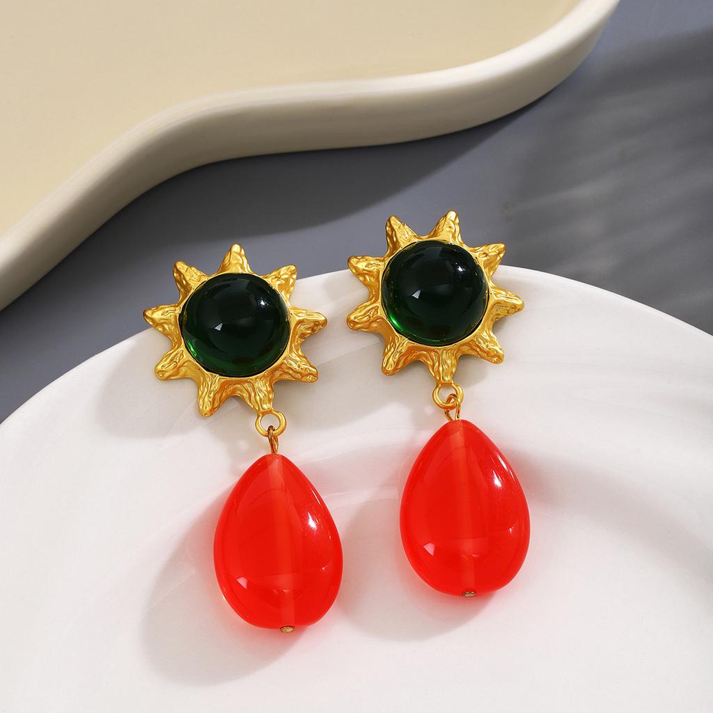 Design Sense Three-Color Sun Flower Stud Earrings, Retro Personality Geometric Water Drop High-End Sense Earrings For Women