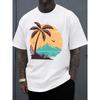 Men'S Round Neck T-Shirt In White with a Palm Paradise Sunset Design, Ideal for Casual Spring And Summer Wear, Embodying Classic Street Style