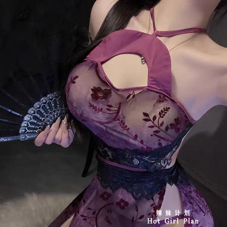 Sex underwear cheongsam babes slit straps transparent mesh passion seduction printing free cosplay purple