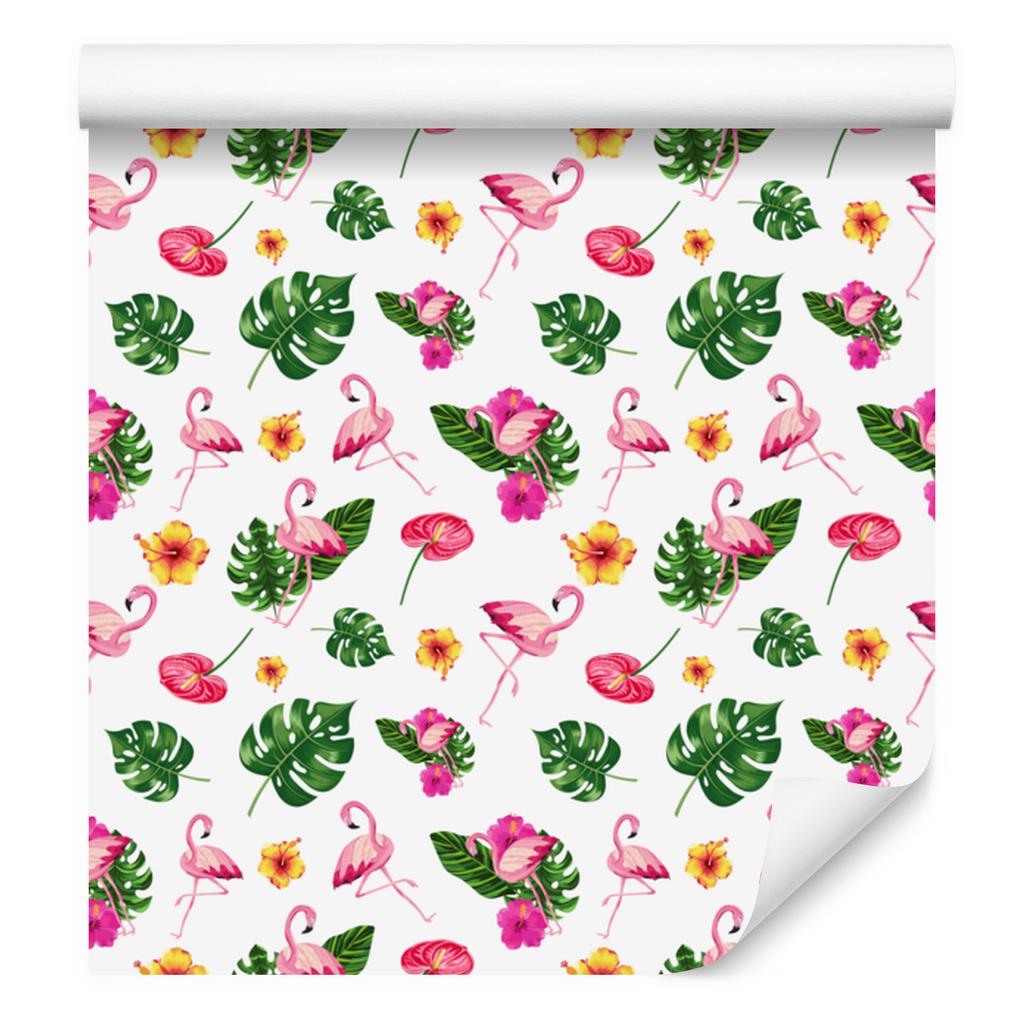 Flamingos wallpaper white, powder pink, green and cream 50x1000
