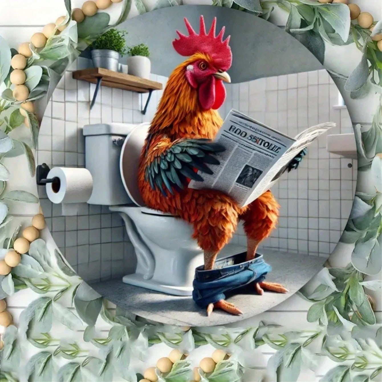 Iron Rooster Humor Bathroom Tin Sign Farmhouse Decor Festive Wreath