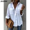 JKASHDK Women's Fashion Casual Spring Autumn Solid Color Print Long Sleeve POLO Neck Blouses & Shirts