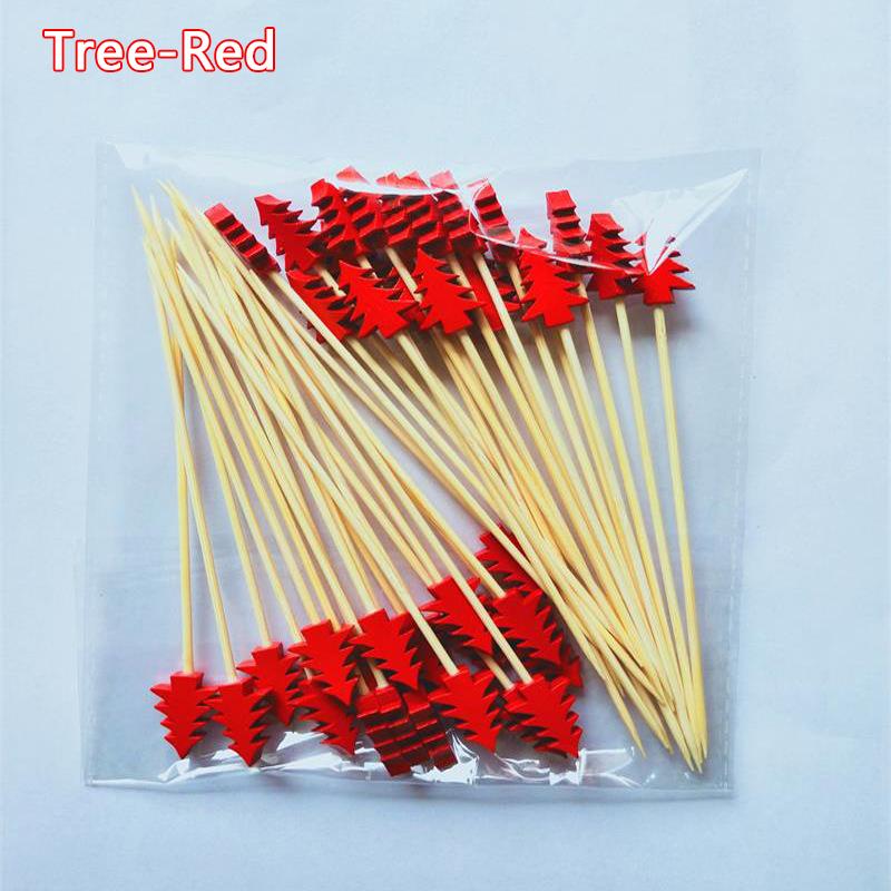 50Pcs/set Christmas Fruit Sticks Disposable Bamboo Sticks Snowflake Christmas Tree Elk Santa Claus Snowman Sticks Xmas Ornaments