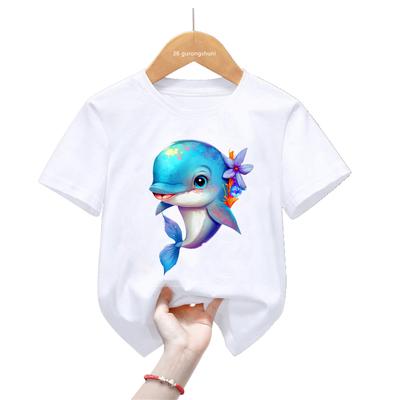 Watercolor Dolphin Love Printed Tshirt Girls/Boys Harajuku Kawaii Kids Clothes Summer Fashion Short Sleeve T-Shirt