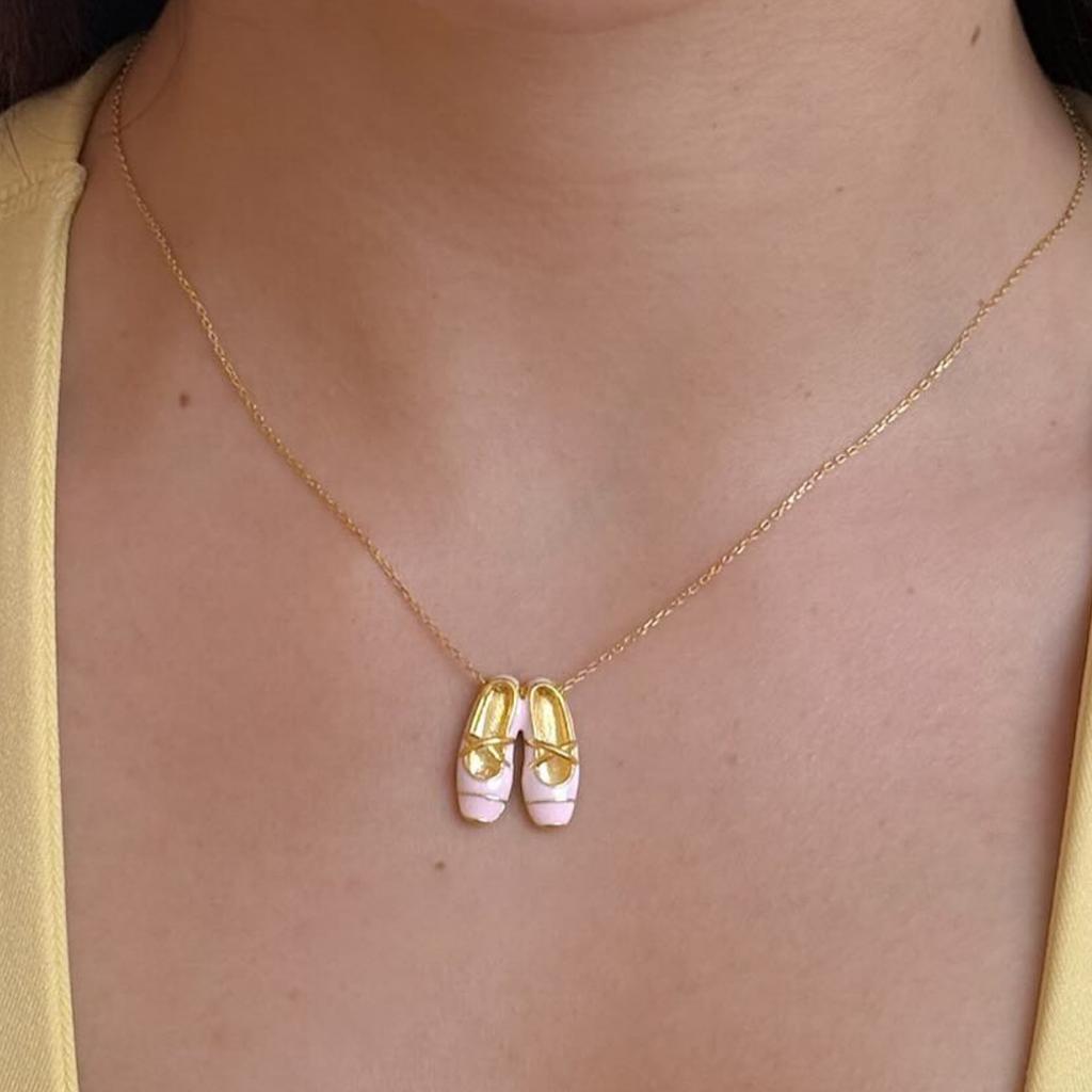 Pink Ballet Shoes Necklace With Diamonds Sweet Craft Vintage Elegant Prom Necklace
