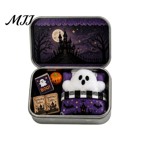 Halloween Storage Box Mini Tin Gift, Plush Ghost with Haunted House Spooky Unboxing Experience Scene, Collectible Micro Theater Gift for Kids,