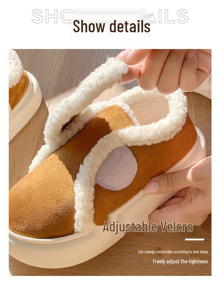 Women's Retro Velcro Cotton Slippers - Non-Slip, Warm Velvet, Full Heel for Autumn/Winter.