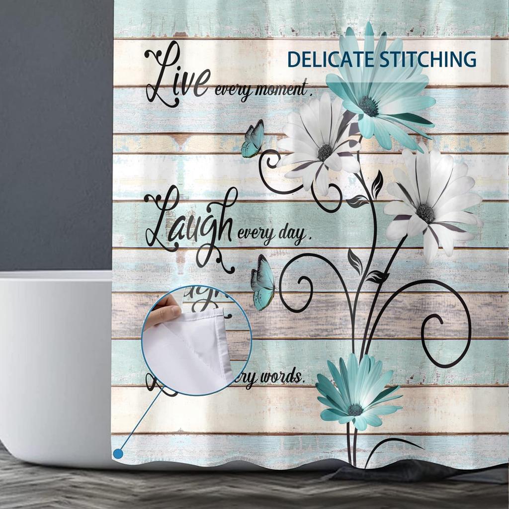 Blue and White Daisy Watercolor Flower Waterproof Bathroom Shower Curtain (with 12 Hooks) 72x 72 Inch Blue Butterfly Pastoral Style