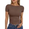 Damen Schwarzes Bootausschnitt Kurzarm Enganliegendes Raffung Crop Top