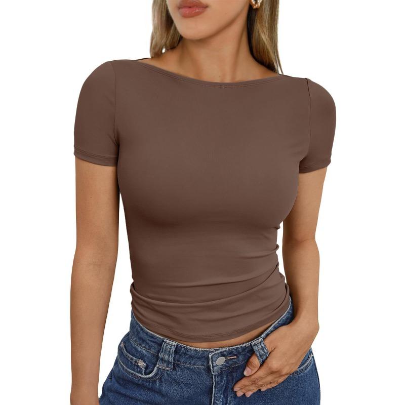 Damen Schwarzes Bootausschnitt Kurzarm Enganliegendes Raffung Crop Top
