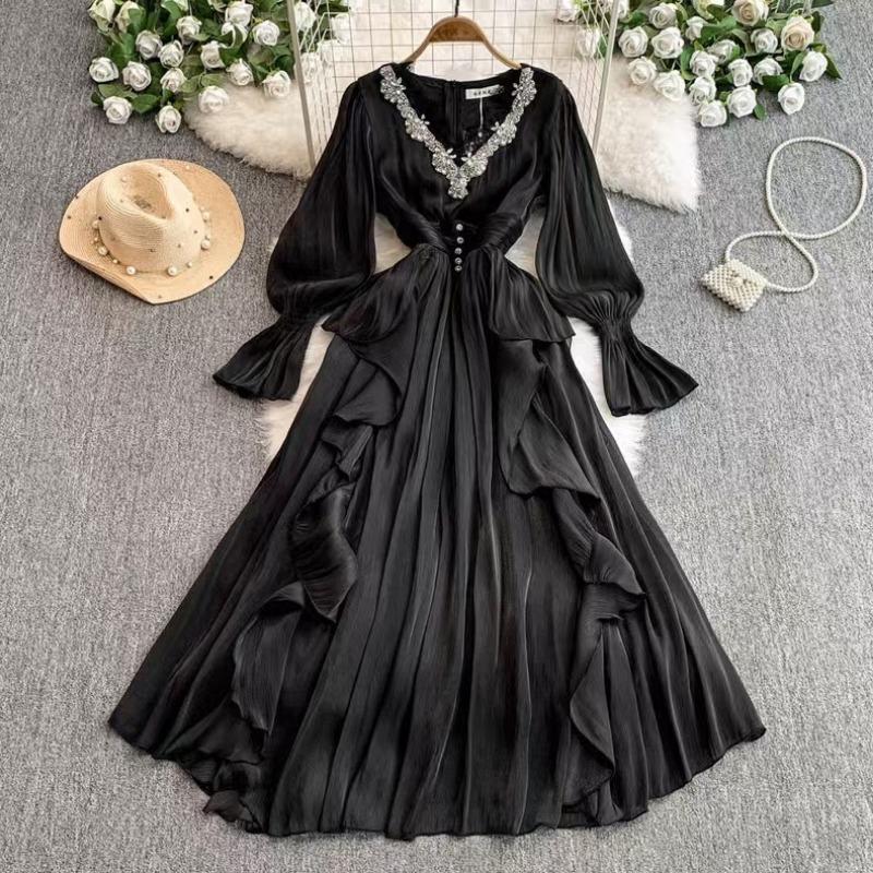 Women's Wear French High-end Elegant Dress Fashion Beaded Diamond V-neck Waist Temperament Court Style Long Dress