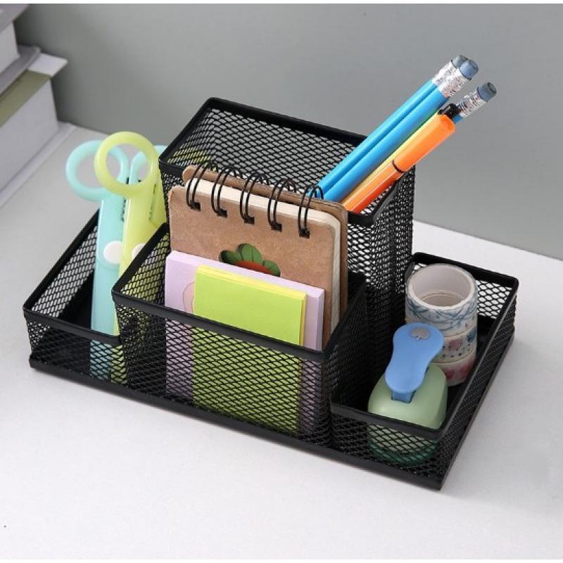 Creative Metal Iron Art Desk Organizer: Three-Grid and Four-Grid Pen Holder for Office Stationery Storage