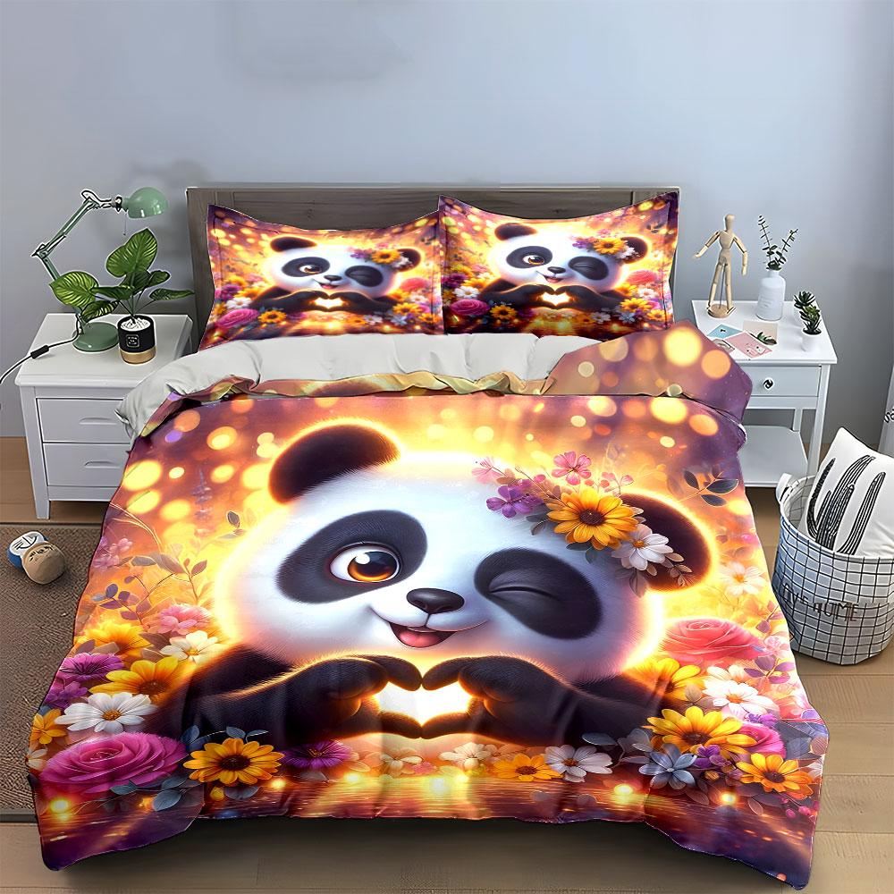 Panda with Flowers and Heart Bedding Duvet Cover Set  (1*Duvet Cover 2*Pillowcases, without duvet insert)