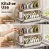 Dish Drying Rack, White 2-Tier Stainless Steel Countertop Organizer with Drip Tray and Utensil Holder