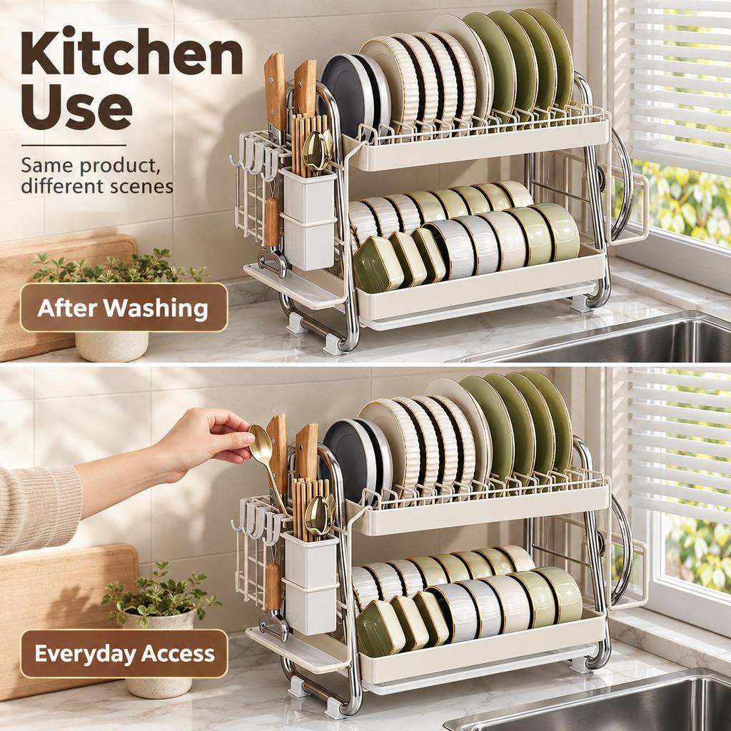 Dish Drying Rack, White 2-Tier Stainless Steel Countertop Organizer with Drip Tray and Utensil Holder