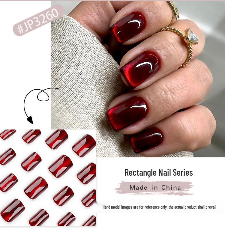Blood Red Cat Eye Short Wearable Nail Tips - European Style Manicure