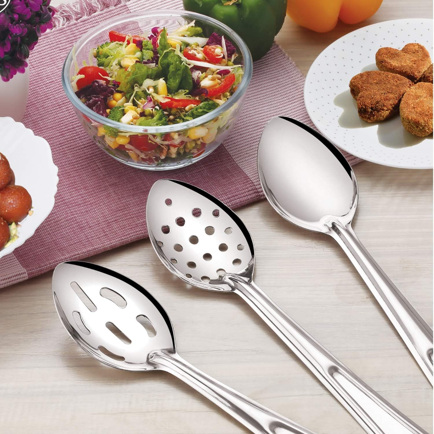 Premium 3 Piece Stainless Steel Baking & Basting Spoon Set, Includes 15  Solid Spoon, 13  Perforated Spoon, 11  Slotted Spoon - Heavy Gauge