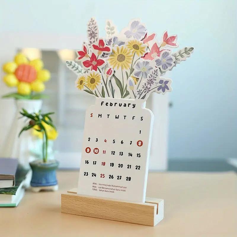 2026 Flowers Desk Calendar Mini Calendar Standing Desk Calendar Vase-Like Desktop Monthly Planner For Home School Office